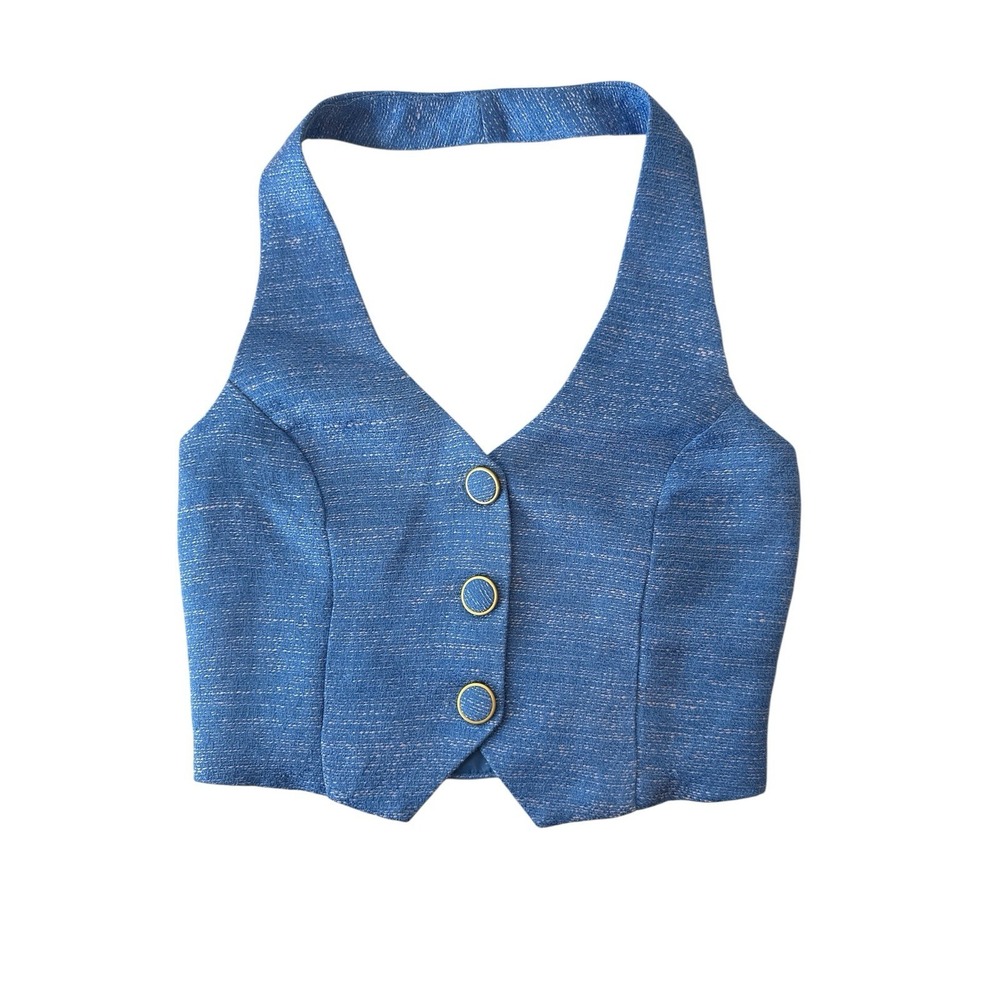 New Hello Molly Vest Crop Top Women's XS Blue Sleeveless Designer Button Up